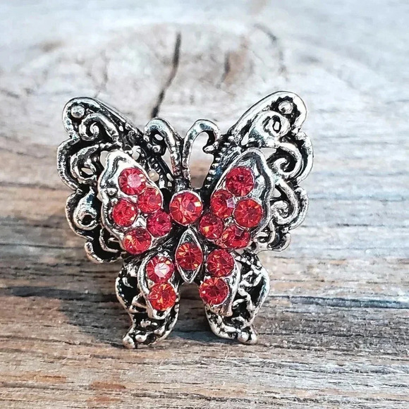 Vintage Y2K 90s Red Crystal Butterfly Silver Adjustable Cocktail Ring - Picture 1 of 8